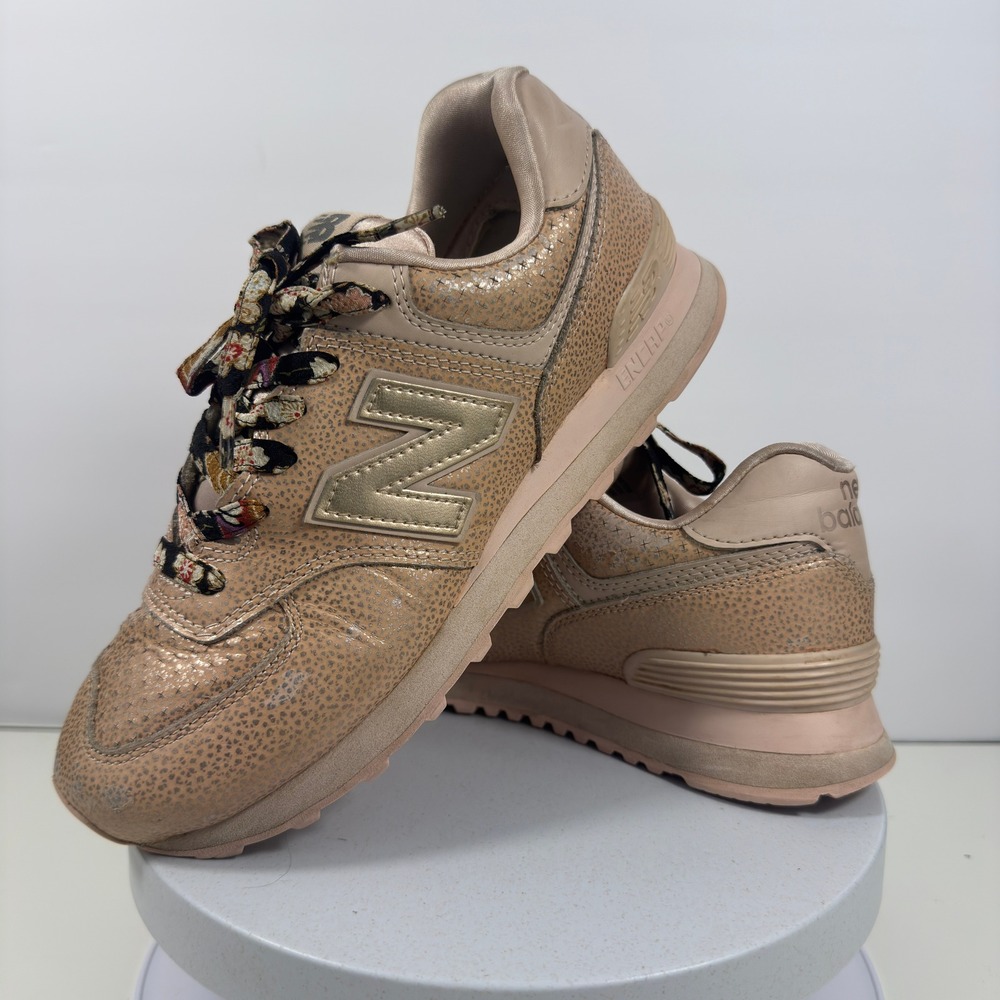 New Balance 574 Womens Rose Gold Metallic Safari Print Sneakers Floral Laces